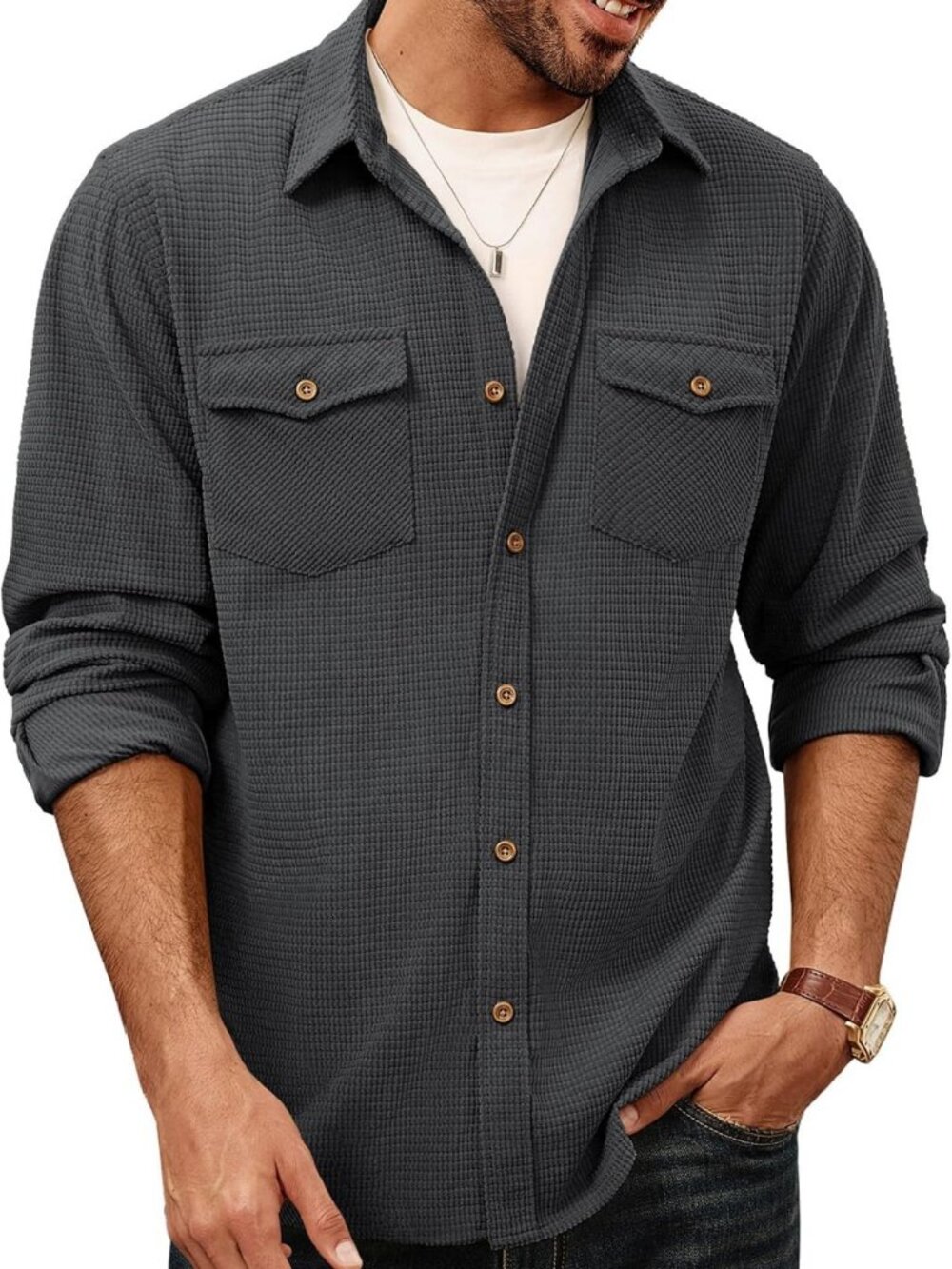 Men's Waffle Long Sleeve Button Down Shirt - Casual, Comfortable, Stylish Top
